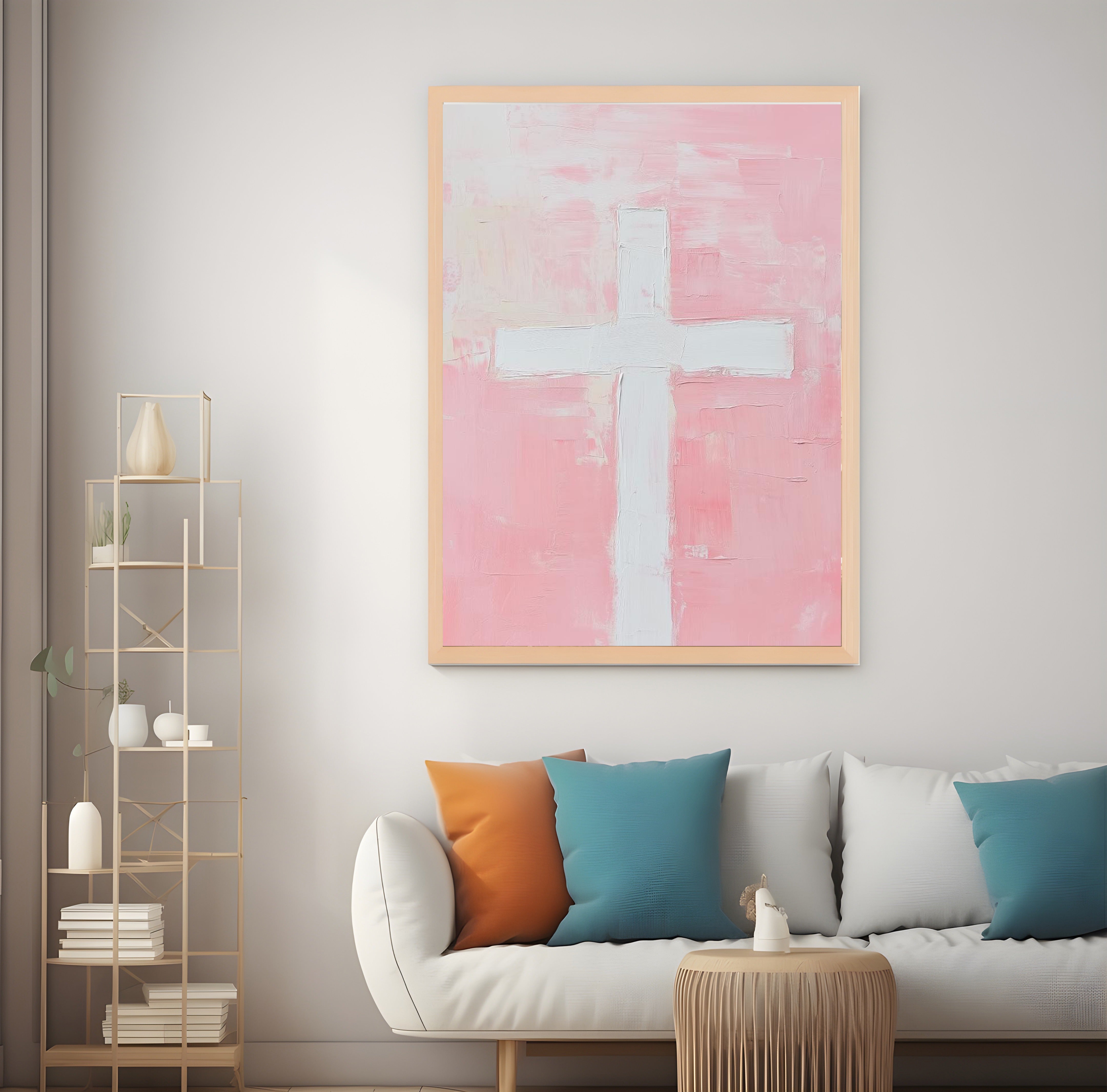 Minimalist Cross Christian Poster, Pink Cross Wall Art, Modern Christian Home Decor, Abstract Jesus Art Print, Light and Faith Gift Idea